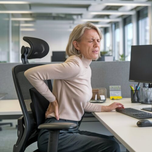 Frau mittleren Alters arbeitet trotz sichtbarer Rückenschmerzen am Büroschreibtisch