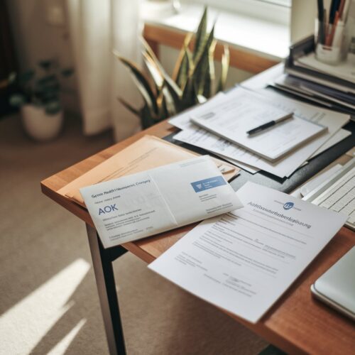 Ungeöffnete Krankenkassenbriefe und AU-Bescheinigung auf einem Schreibtisch