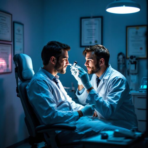 HNO-Arzt untersucht Nase eines Patienten mit medizinischem Gerät