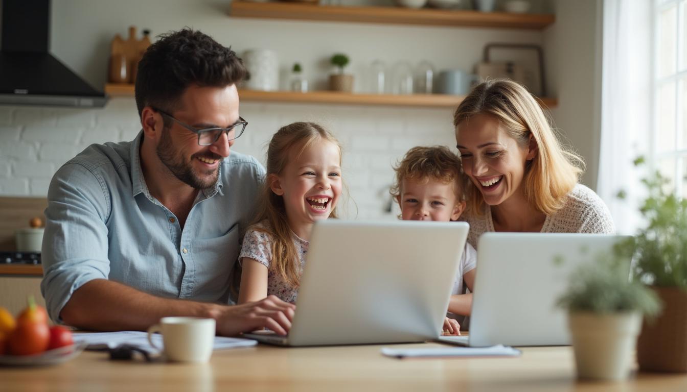 kinderzuschlag Familie mit 2 Kindern sitzt am Küchentisch und prüft am Laptop den Anspruch auf Kinderzuschlag
