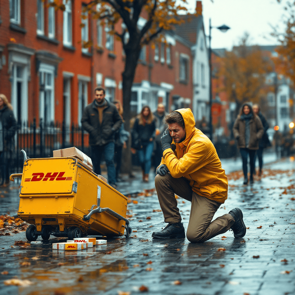 arbeitsunfall-leistungen-unfallversicherung Postzusteller in gelber DHL-Uniform kniet nach Sturz auf nassem Bürgersteig, stützt sich auf dem Boden ab, Schmerzen sichtbar.