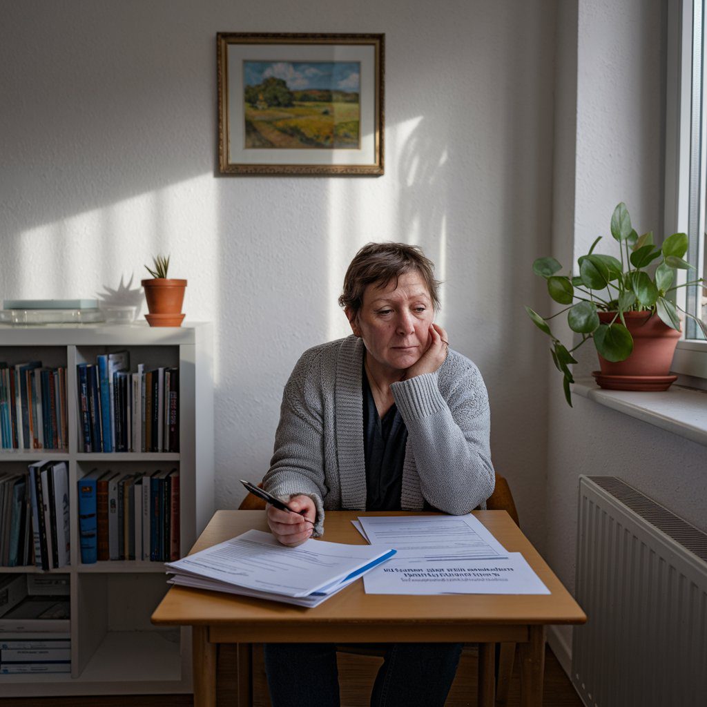 erwerbsfaehigkeitsrente-gutachten Frau füllt Antrag auf Erwerbsminderungsrente am Tisch in ihrem Wohnzimmer aus. Medizinische Dokumente und Stift liegen vor ihr.