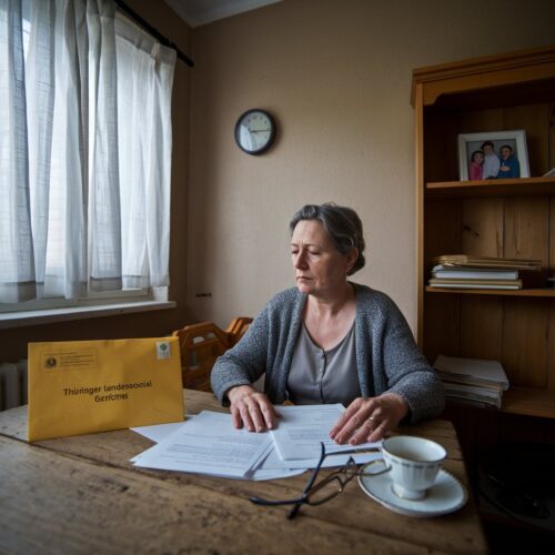 Frau an einem Holztisch mit amtlichem Brief vom Thüringer Landessozialgericht und medizinischen Dokumenten.