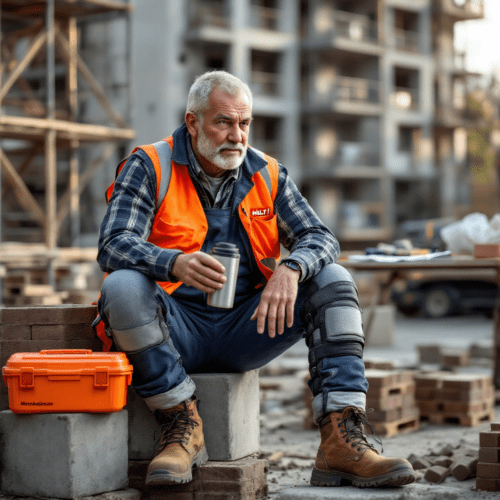Bauarbeiter mit Knieorthese sitzt auf Betonblöcken und prüft medizinischen Bericht während der Pause auf der Baustelle.Bauarbeiter mit Knieorthese sitzt auf Betonblöcken und prüft medizinischen Bericht während der Pause auf der Baustelle.