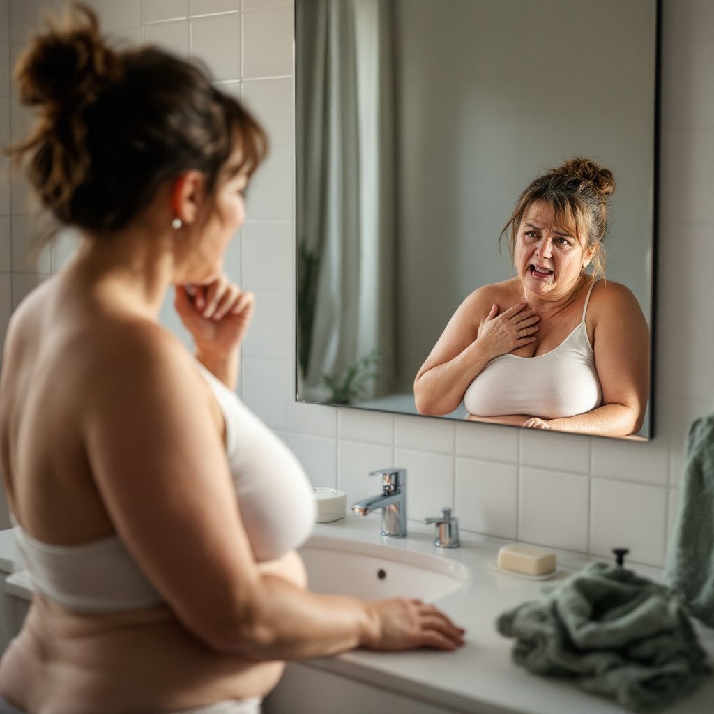 hautstraffung-nach-gewichtsverlust Eine Frauenfigur betrachtet traurig ihren Spiegelbild im Bad, das durch Gewichtsverlust überschüssige Haut zeigt.