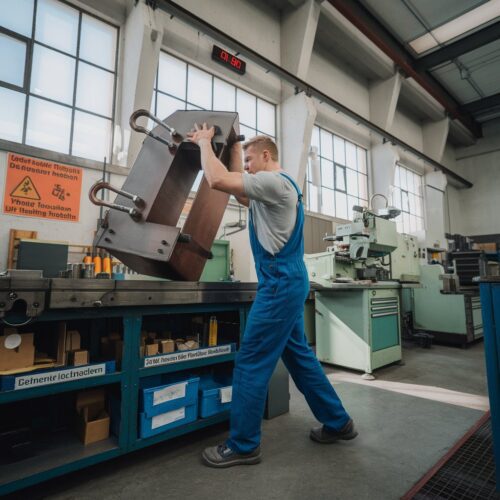 Arbeiter hebt einen schweren Magneten in einer Industrie-Werkstatt, umgeben von Werkzeugen.