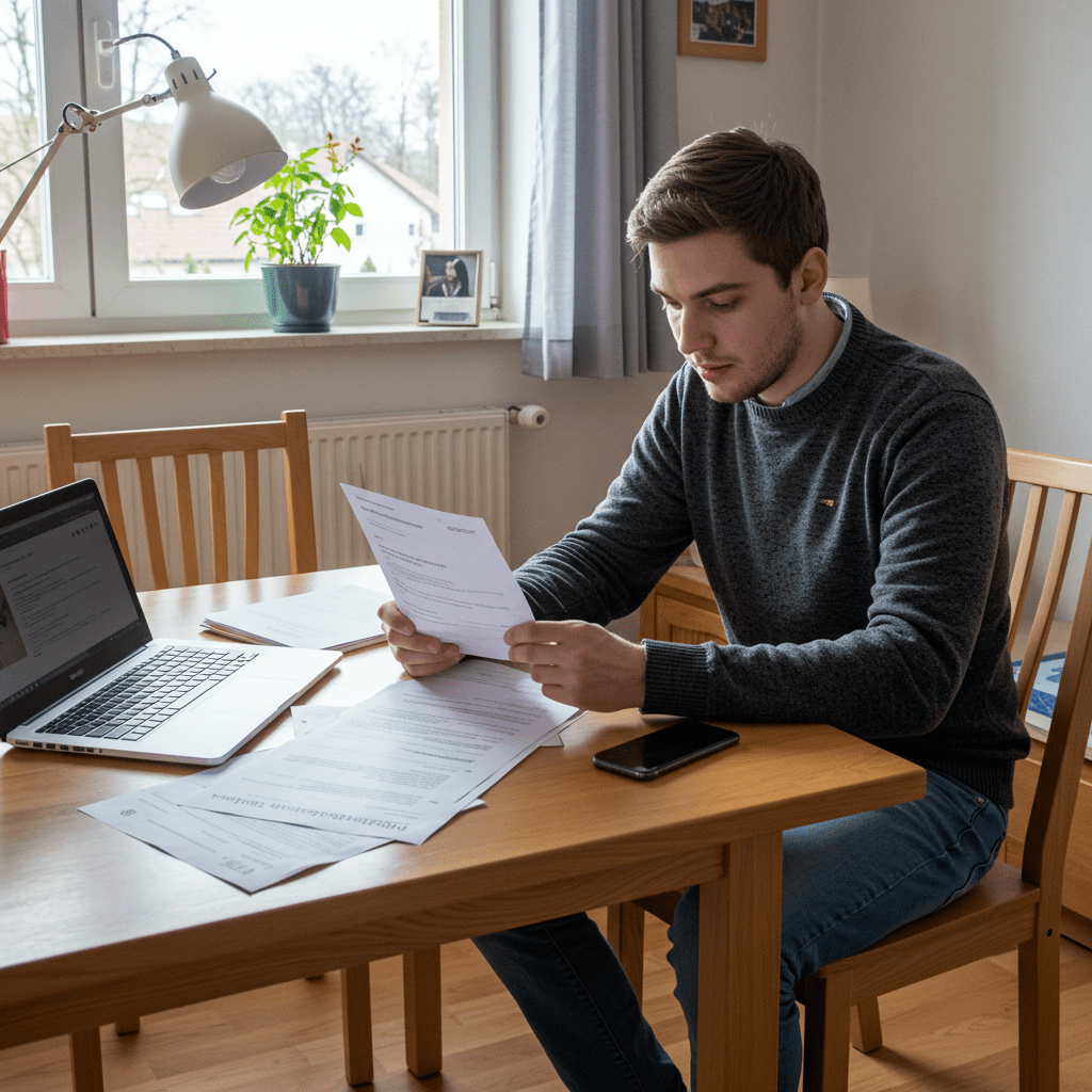 rente-voller-erwerbsminderung Junger Mann in einer einfachen Wohnung sitzt am Tisch und hält einen Ablehnungsbescheid für seine Erwerbsunfähigkeitsrente.Junger Mann in einer einfachen Wohnung sitzt am Tisch und hält einen Ablehnungsbescheid für seine Erwerbsunfähigkeitsrente.