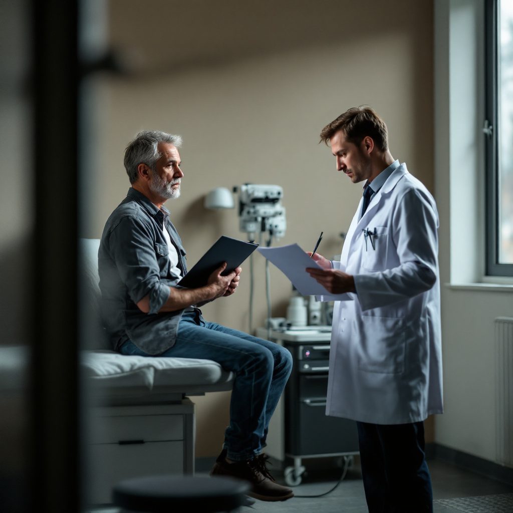 erwerbsminderungsrente-pruefung CNC-Dreher bei medizinischer Untersuchung in moderner Klinik für reduzierte Erwerbsfähigkeit.