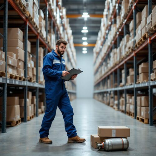 Arbeiter in einem Industriewarenlager erschrocken nach lauter Explosion; clipboard fällt zu Boden neben einem metallenen Objekt.