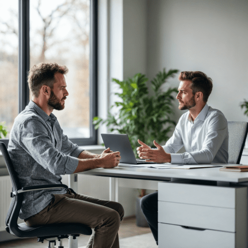 Mann erhält in einem modernen Büro den Bescheid über die Ablehnung seines Antrags auf Pflegegrad 2.