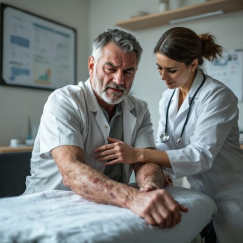 Mann mit Hauterkrankungen sitzt unwohl auf Untersuchungstisch, während Dermatologin ihn inspiziert.Mann mit Hauterkrankungen sitzt unwohl auf Untersuchungstisch, während Dermatologin ihn inspiziert.