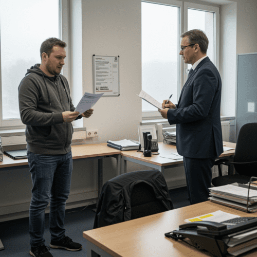 Person im Büro präsentiert fragwürdige Gesundheitsinformationen zur Erlangung einer Erwerbsminderungsrente.