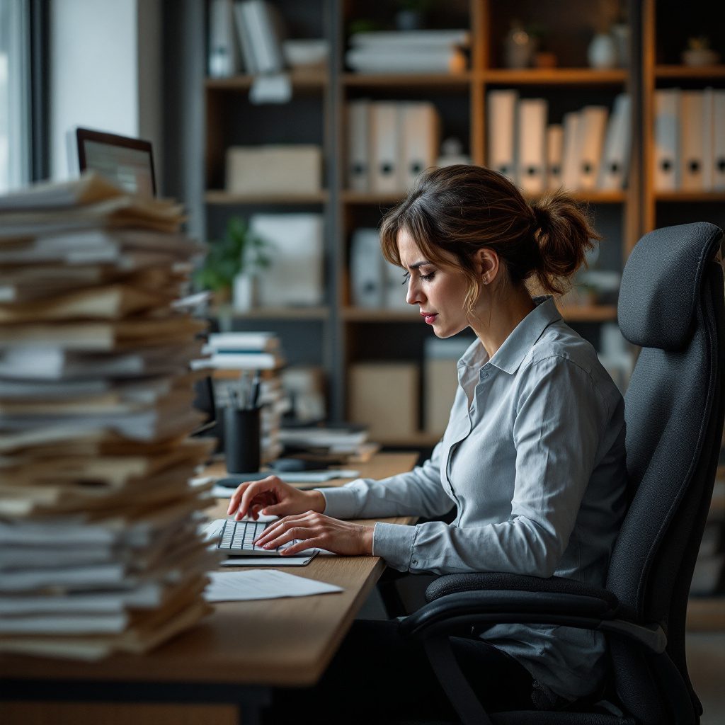 rente-erwerbsminderung Versicherungskauffrau im Büro mit Rückenschmerzen bei digitaler Aktenumstellung, Stapel Papierakten und Computer.