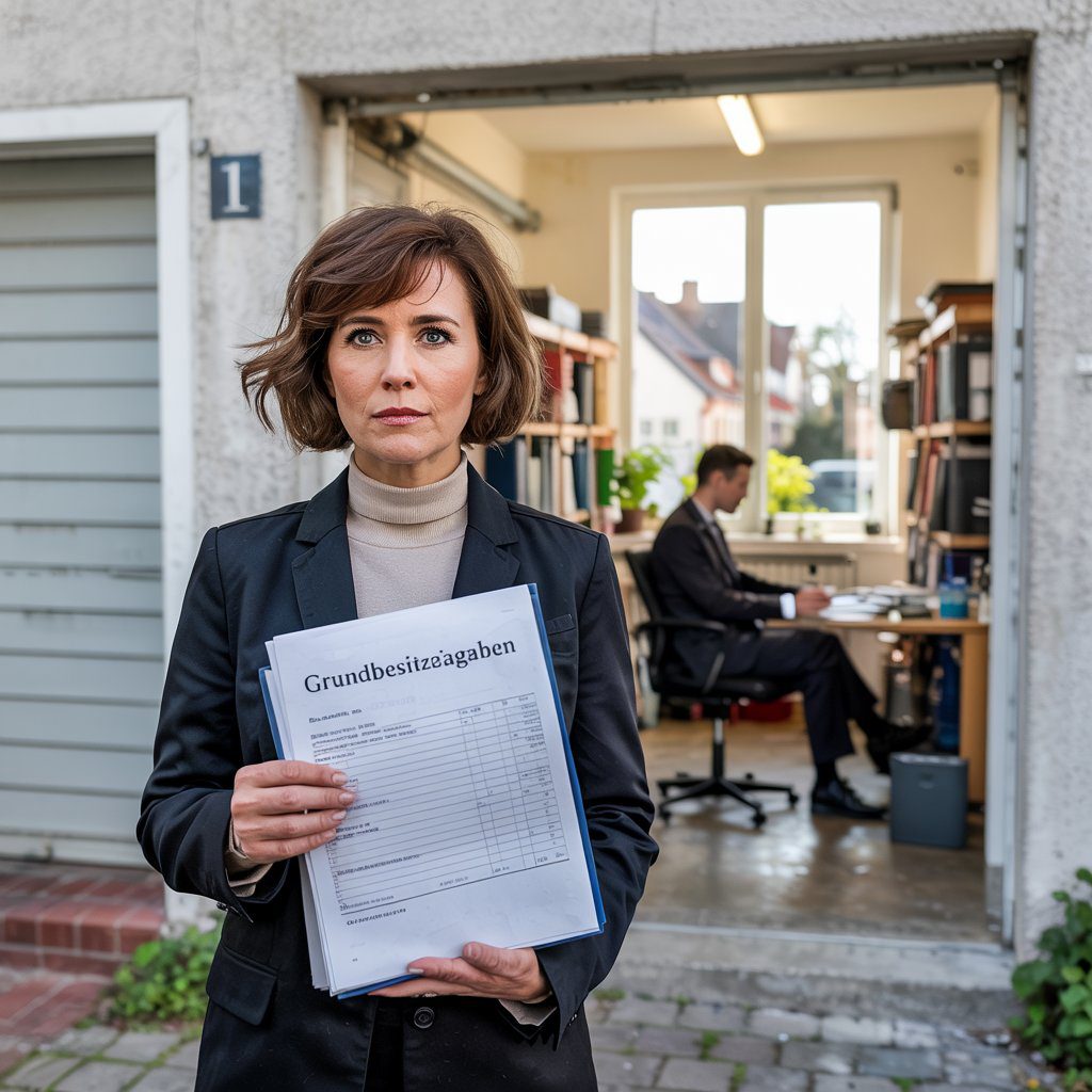 grundsteuer-abgaben Frau hält Rechnung für Grundbesitzabgaben vor Garage, Sachbearbeiter im Büro bei ablehnendem Bescheid, Wohngebiet im Hintergrund.