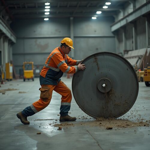 Arbeiter rutscht aus, verliert Kontrolle über schwere Metallscheibe in Industriehalle.