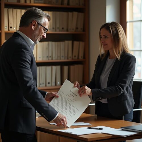 Mann übergibt offizielle Gerichtsbeschlüsse an einen Kläger in einem Aktenberg-bedeckten Büro