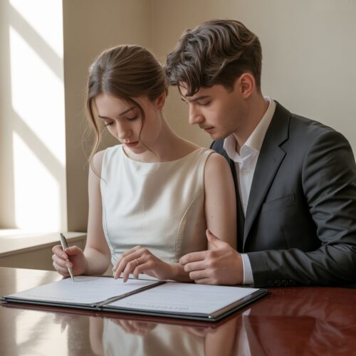 Paar bei der Unterzeichnung der Heiratsurkunde im Standesamt, emotionale Stimmung, Hände und DokumentPaar bei der Unterzeichnung der Heiratsurkunde im Standesamt, emotionale Stimmung, Hände und Dokument