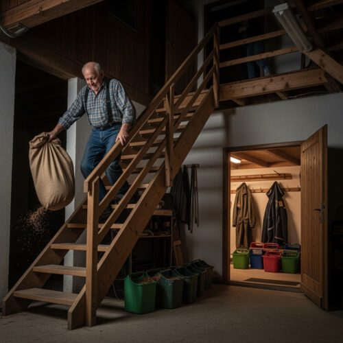 Mann stürzt mit Jutesack die Treppe hinunter, Symbol für Arbeitsunfall in privater Hühnerhaltung.