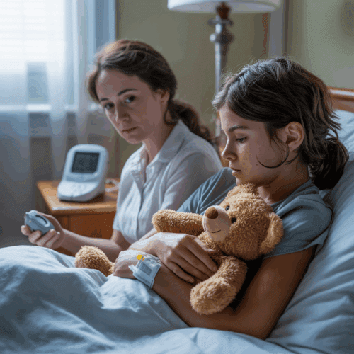 Eine besorgte junge Frau studiert auf einem Notizblock die Unterlagen für die GdB-Feststellung eines Mädchens, das mit Diabetes Typ 1 und seinem Teddybär im Bett liegt.