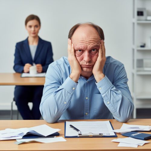 Verzweifelter Mann und Frau mit Tee am Schreibtisch, symbolisiert den Kampf um Erwerbsminderungsrente bei Ablehnung.