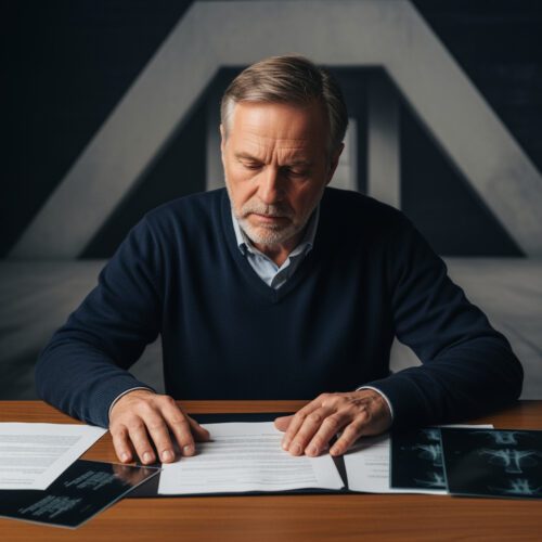 Ein Mann prüft Dokumente, um Wege zur Erhöhung des GdB für chronisches LWS-Syndrom zu verstehen.