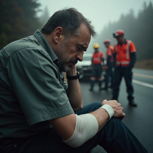 Ein verletzter Mann sitzt nach einem Arbeitsunfall am Boden, sichtbar gezeichnet von den körperlichen wie psychischen Unfallfolgen.