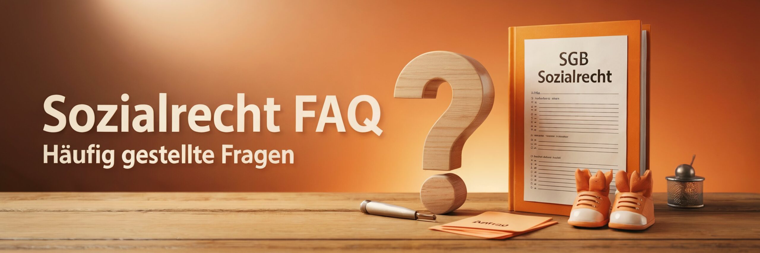 Ein Holzfragezeichen steht neben einem Buch mit der Aufschrift "SGB Sozialrecht" auf einem Holzuntergrund. Daneben befinden sich ein Paar Schuhe, ein Stift und eine Registerkarte in einem warmen, orangefarbenen Licht.