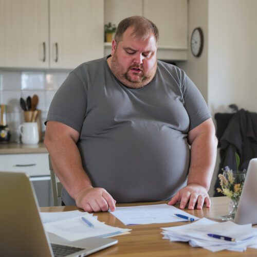 Ein Patient mit extremem Übergewicht prüft konzentriert die umfangreichen Dokumente, die im Streit um die Kostenübernahme seiner bariatrischen Operation durch die Krankenkasse entscheidend sind.