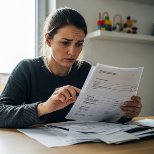 Eine selbstständige Mutter studiert besorgt den Elterngeld-Rückforderungsbescheid, der trotz ihres Unternehmensgewinns eine Rückzahlung von über 11.000 Euro verlangt.