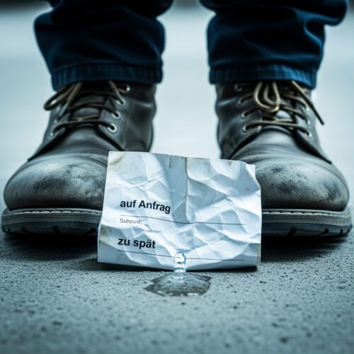 Zwei braune Lederstiefel stehen auf einer glatten Oberfläche; davor liegt ein zerknitterter Zettel mit den Textzeilen „auf Anfrage“ und „zu spät“; daneben befindet sich eine kleine nasse Spur.