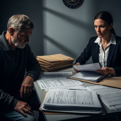Ein Schmerzpatient senkt den Blick vor den Akten seiner von der Krankenkasse abgelehnten Kostenübernahme für Cannabis als Medizin, während eine Frau die Dokumente prüft.