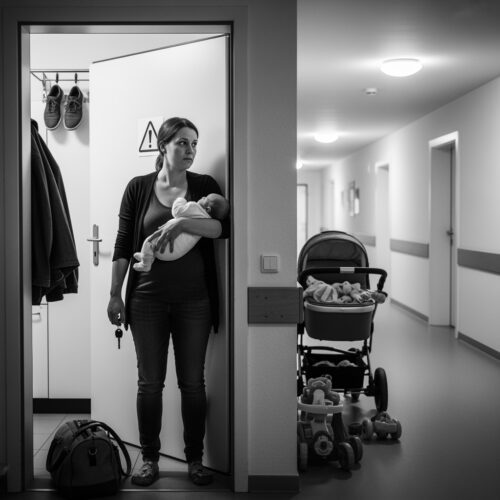 Eine junge Mutter blickt mit ihrem Baby im Arm sorgenvoll auf die unklare Zukunft, während Jugendhilfe und Jobcenter die Zuständigkeit für die Kostenübernahme ihrer Unterkunft in einer Mutter-Kind-Einrichtung verweigern.