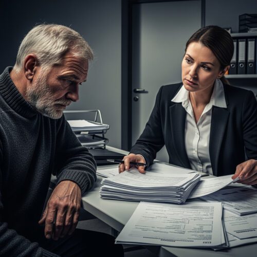 Eine Frau überreicht einem um seine Erwerbsminderungsrente ringenden Mann offizielle Dokumente, die seine tägliche Leistungsfähigkeit am Arbeitsmarkt bewerten.