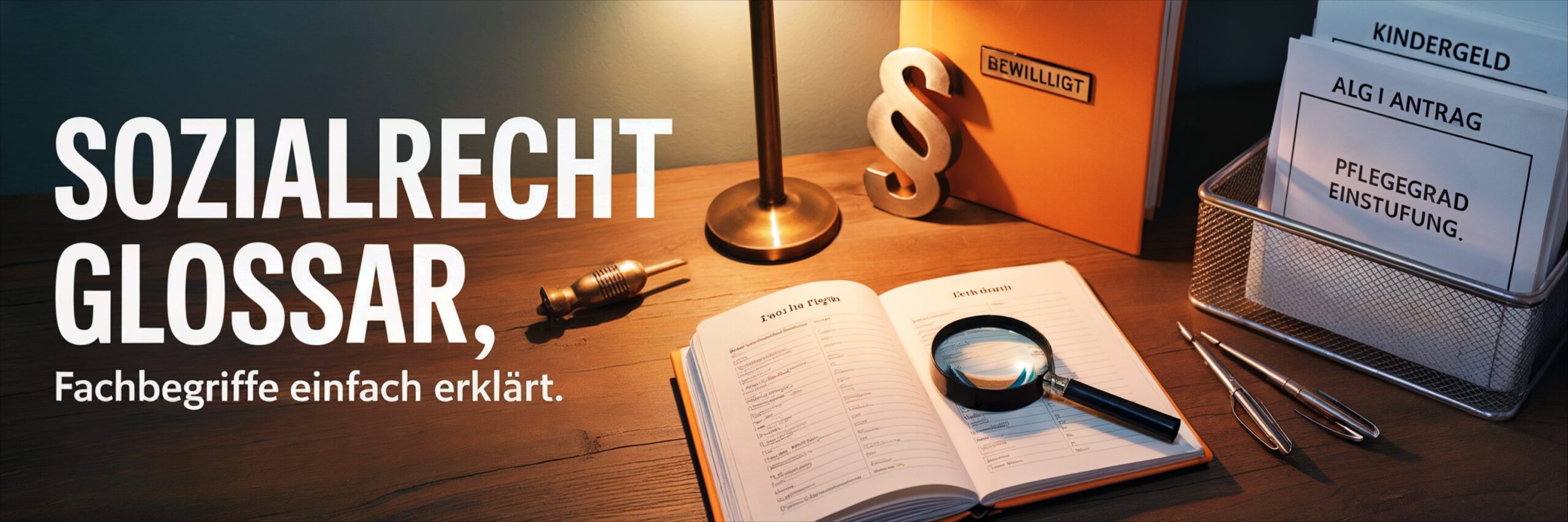 **Bildtyp:** Editorial-Foto
**Hauptmotiv:** Schreibtisch mit Büromaterialien
**Text im Bild:**
- SOZIALRECHT GLOSSAR
- Fachbegriffe einfach erklärt.
- KINDERGELD
- ALG I ANTRAG
- PFLEGEGRAD EINSTUFUNG.
- BEWILLIGT
**Wesentliche Bildelemente:** Buch, Lupe, Kugelschreiber
**Bildbeschreibung:** Das Bild zeigt eine büroähnliche Umgebung mit einem Schreibtisch. Auf dem Tisch liegen ein geöffnetes Buch, eine Lupe und Kugelschreiber. Ein Ordner mit der Aufschrift "BEWILLIGT" und ein Aktenkorb mit beschrifteten Unterlagen sind ebenfalls sichtbar.