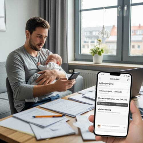 Ein Arbeitnehmer beantragt über sein Smartphone Elternzeit, während er liebevoll sein schlafendes Kind betreut.