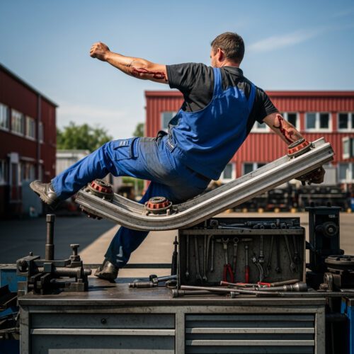 Ein angespannter Kfz-Meister am Arbeitsplatz symbolisiert den juristischen Kampf um die Anerkennung seiner schweren Schulterverletzung als Arbeitsunfall. Die Berufsgenossenschaft sah darin zunächst alte Verschleißschäden und stellte die Zahlung einer Verletztenrente infrage.