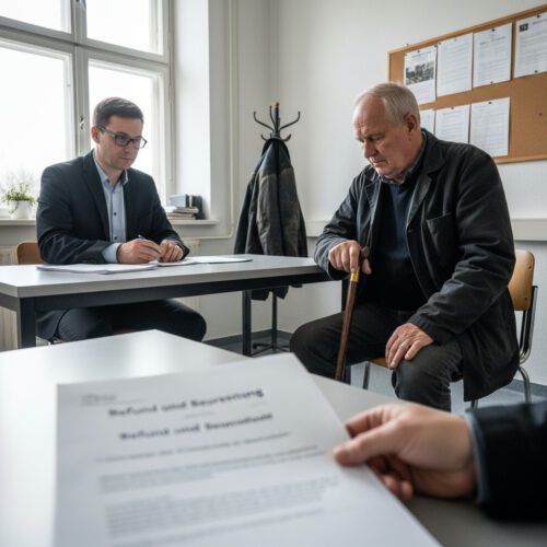 Ein Rechtsanwalt berät einen Senior zum Schadensersatzanspruch nach einem Unfall, während er wichtige Punkte notiert.