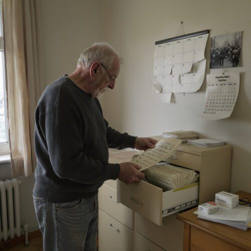 Ein Attentatsopfer sichtet alte Unterlagen, um die fristgerechte Anmeldung für die rückwirkende Unfallrente nach Spätfolgen zu prüfen.