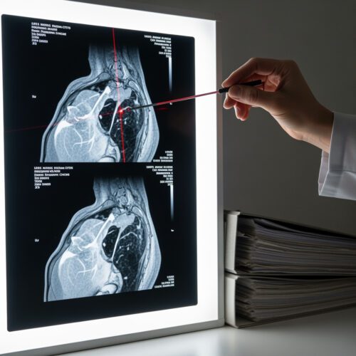 Gutachter analysiert Bildfolien, um Kausalität des Supraspinatussehnen-Teilrisses nach Arbeitsunfall trotz Vorschäden zu klären.