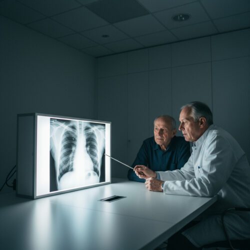 Ein Patient prüft mit dem Sachverständigen die Röntgenbilder als Beweis gegen die ungerechtfertigte GdB-Herabsetzung des Versorgungsamtes.