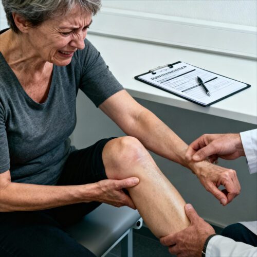 Die Patientin zeigt Schmerz, während der Gutachter die GdB-relevante Funktionseinschränkung der Gonarthrose ermittelt.