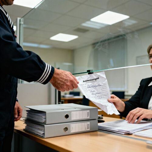 Ein Mitarbeiter der Agentur für Arbeit nimmt den Arbeitslosengeldantrag entgegen, dessen Abgabe die wirksame Arbeitslosmeldung bezeugt.