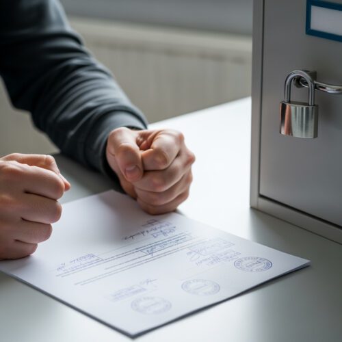 Ein Antragsteller fixiert wütend das Ablehnungsschreiben; die Rente bleibt wegen fehlender versicherungsrechtlicher Voraussetzungen versperrt.