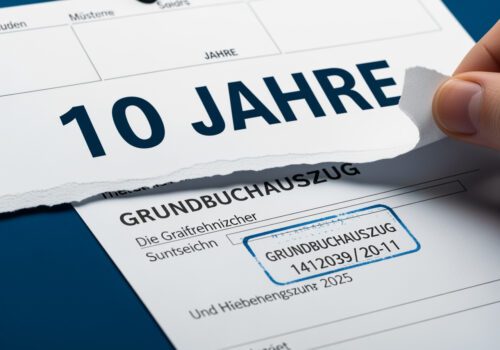 Symbolbild zur 10-Jahres-Frist bei Schenkungsrückforderung: Ein Kalender und ein Grundbuchauszug visualisieren den Fristbeginn.