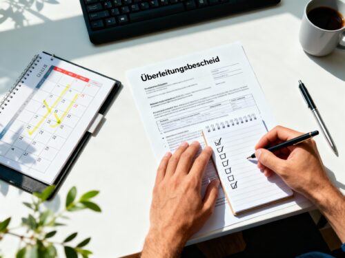 Ein Schreibtisch mit einem Überleitungsbescheid, einem Kalender und einer Checkliste zur Einhaltung der Widerspruchsfrist.