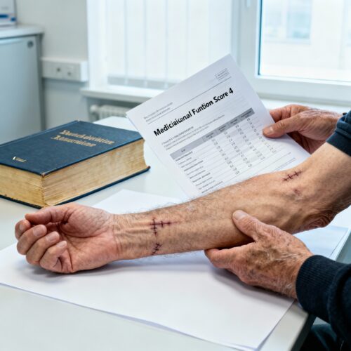 Nach dem Arbeitsunfall wird die MdE für die Verletztenrente durch einen Funktionsscore (Broberg-Morrey) beurteilt.