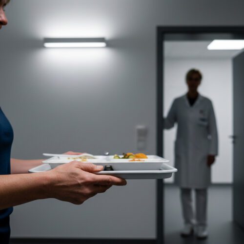 Die linke Hand einer Patientin hält problemlos ein volles Kliniktablett, während eine medizinische Fachkraft sie verdeckt beobachtet.