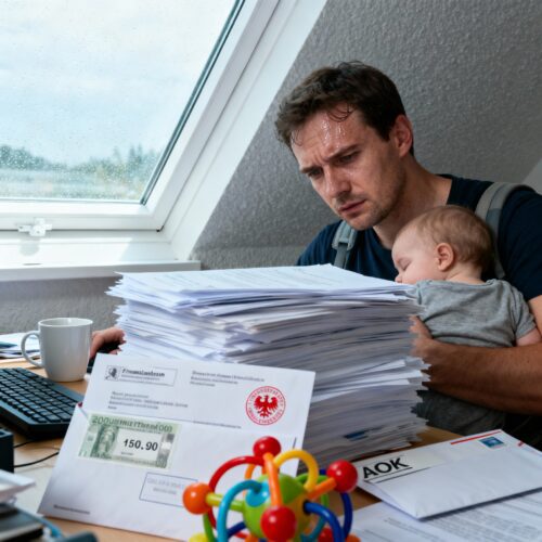 Ein übermüdeter Vater hält sein Kind, fixiert einen chaotischen Stapel Post, auf dem ein entscheidendes amtliches Dokument übersehen wurde.