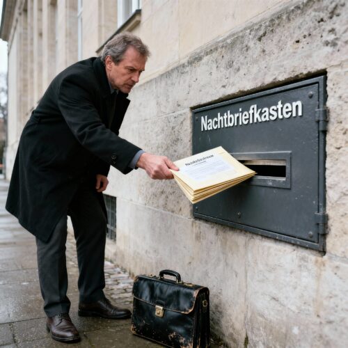 Ein Mann drückt einen dicken, adressierten Umschlag in den Schlitz eines massiven Nachtbriefkastens.