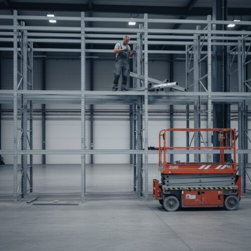 Ungesicherter Arbeiter demontiert in großer Höhe ein massives Schwerlastregal in einer Industriehalle.